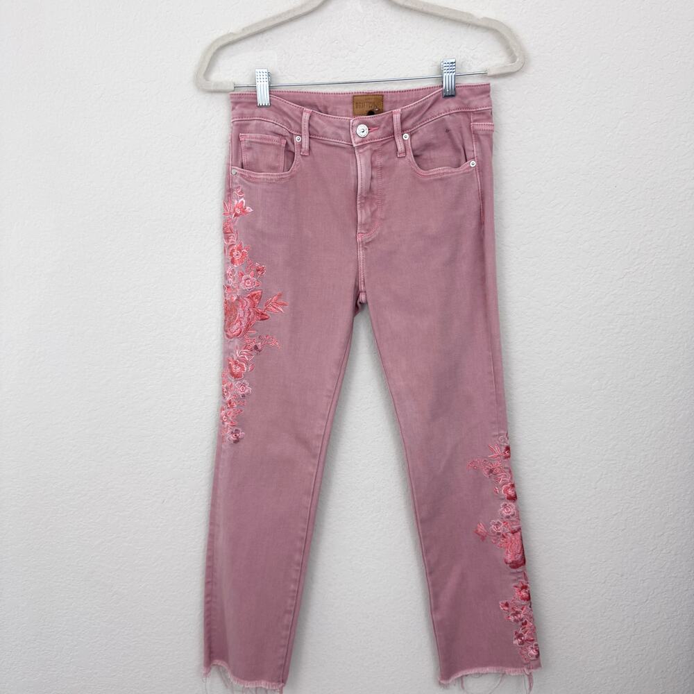 Driftwood Women Colette Jeans Pants Sz 27 Embroidered Floral Raw Hem Pastel Pink
